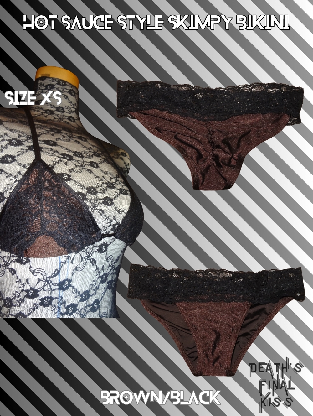RARE Hot Sauce Style Sexy Lace Chocolate Black Skimpy Ruched Cheeky Bikini XS